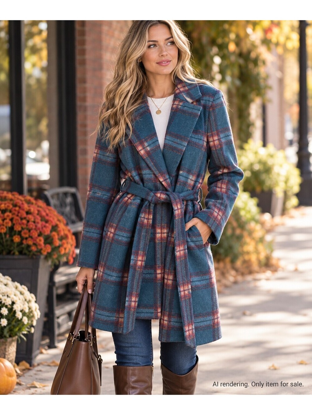 Teal Plaid Belted Wrap Coat Faux Wool Longline Fall Winter Dark Academia XL